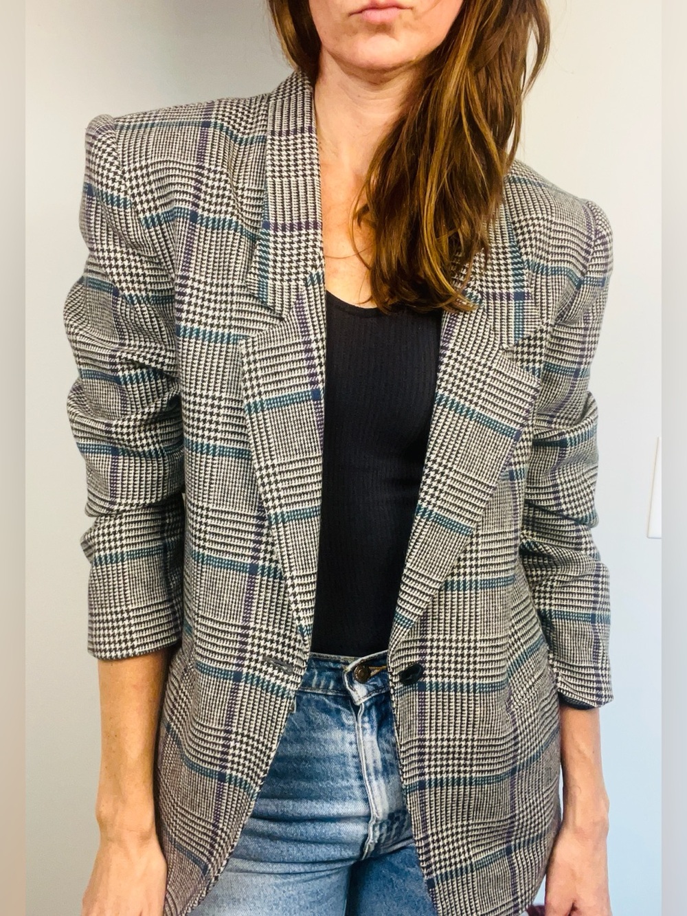 Vintage 90s Glen Plaid Boyfriend Blazer – Black, White & Teal – M/L